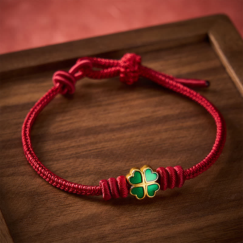 Hand-Woven Red Rope Heart-Shaped Green Four Leaf Clover Luck Bracelet