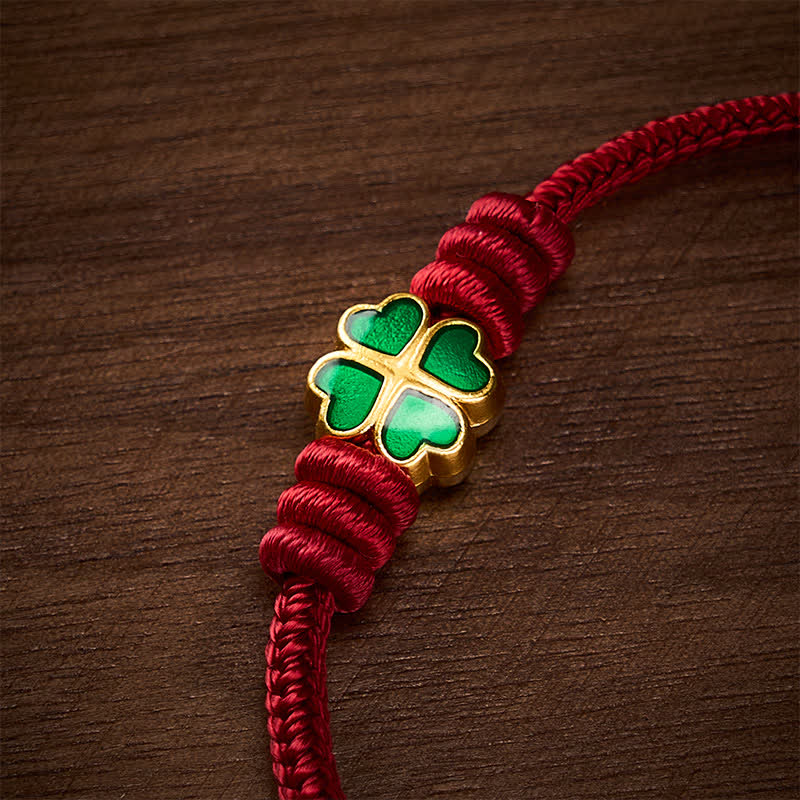Hand-Woven Red Rope Heart-Shaped Green Four Leaf Clover Luck Bracelet