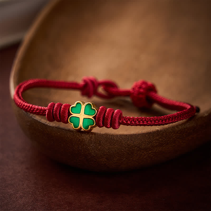 Hand-Woven Red Rope Heart-Shaped Green Four Leaf Clover Luck Bracelet