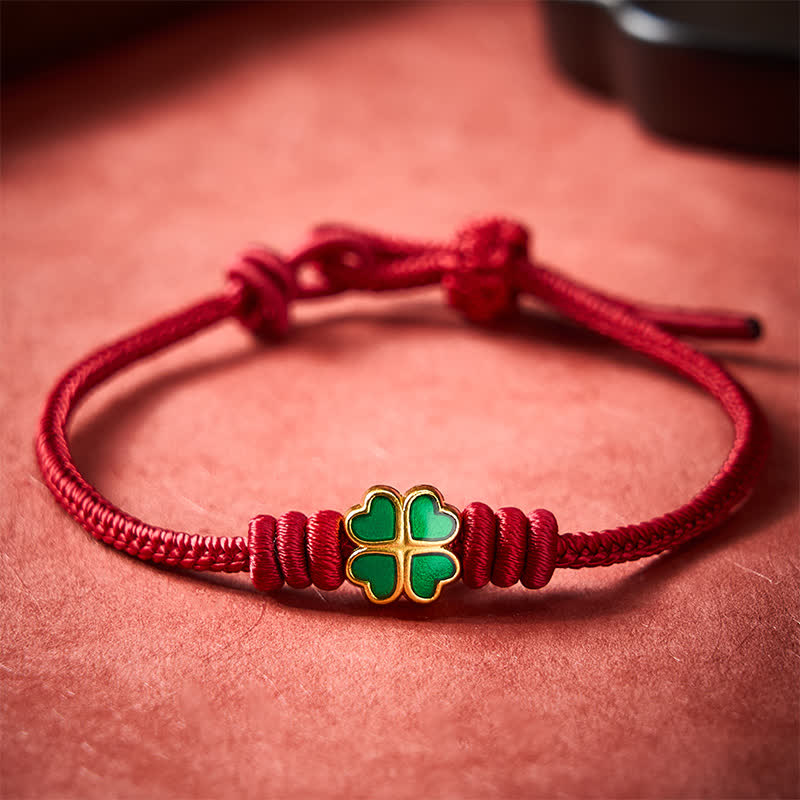 Hand-Woven Red Rope Heart-Shaped Green Four Leaf Clover Luck Bracelet