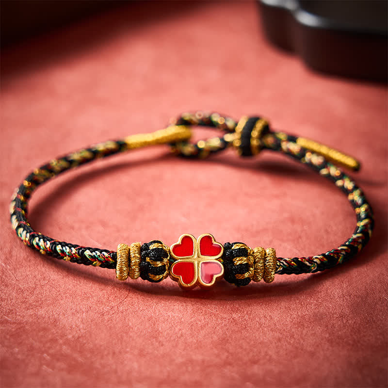 Hand-Woven String Heart-Shaped Red Four Leaf Clover Rope Bracelet