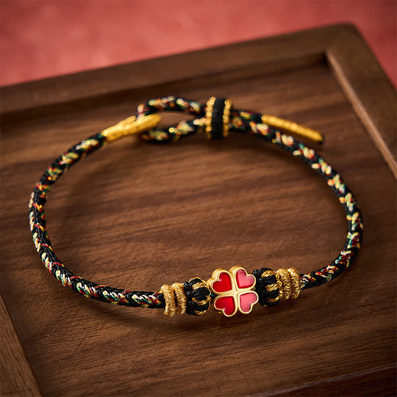 Hand-Woven String Heart-Shaped Red Four Leaf Clover Rope Bracelet