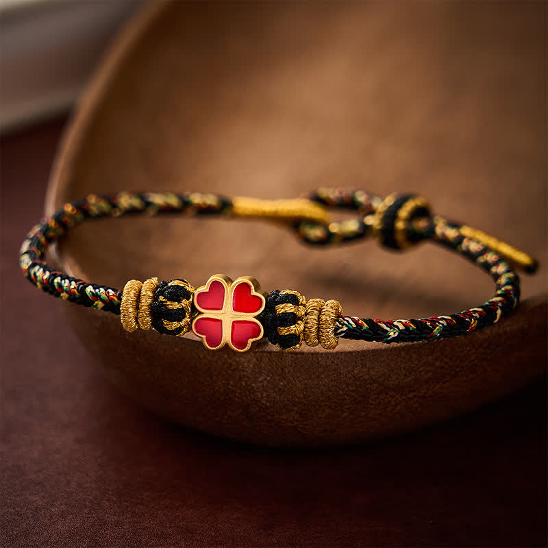 Hand-Woven String Heart-Shaped Red Four Leaf Clover Rope Bracelet