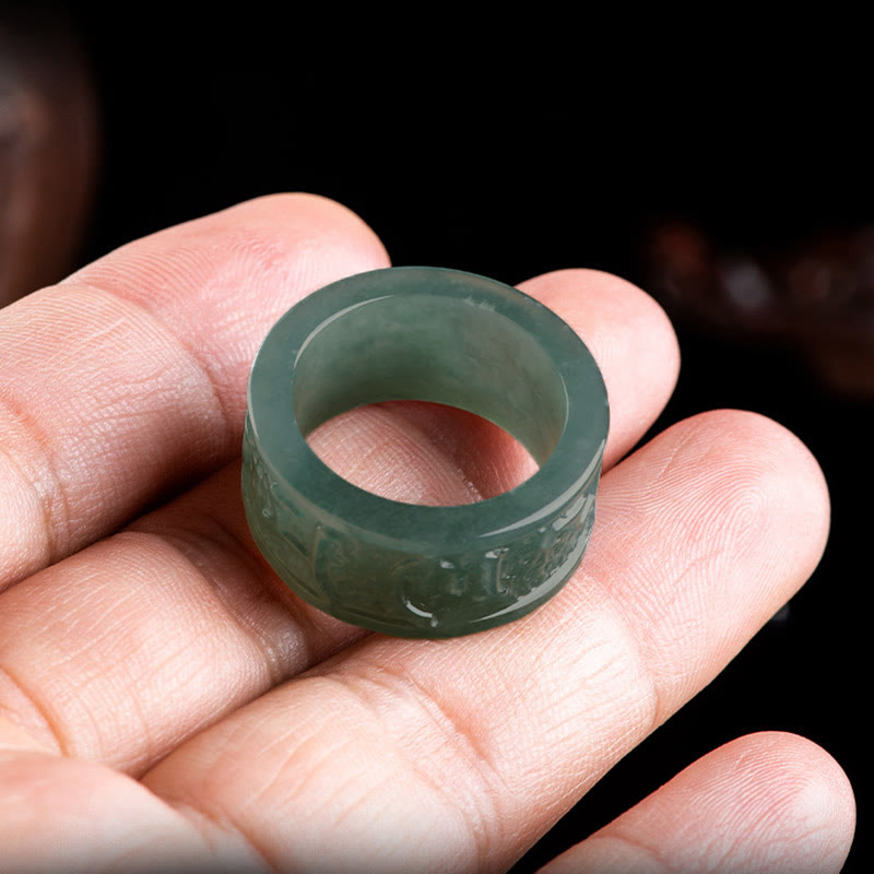 Natural Jade Om Mani Padme Hum Carved Prosperity Ring