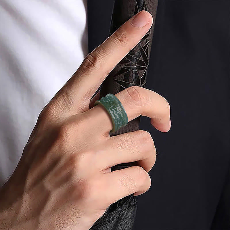 Natural Jade Om Mani Padme Hum Carved Prosperity Ring