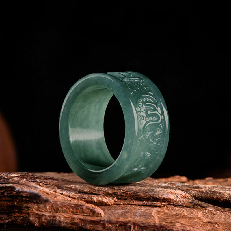 Natural Jade Om Mani Padme Hum Carved Prosperity Ring