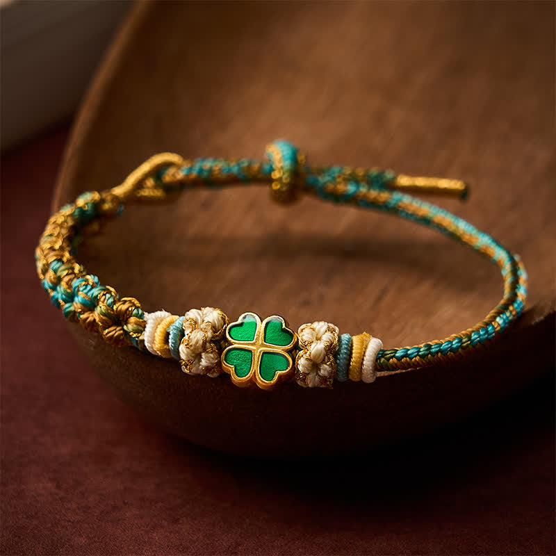 Hand-Woven Multicolor Peach Blossom Heart-Shaped Green Four Leaf Clover Luck Rope Bracelet