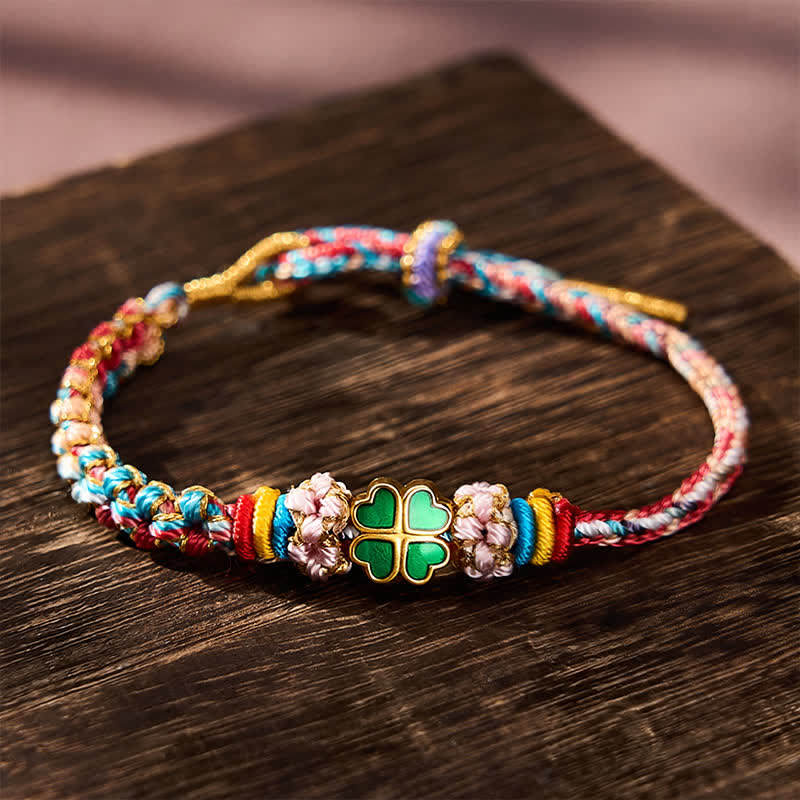 Hand-Woven Multicolor Peach Blossom Heart-Shaped Green Four Leaf Clover Luck Rope Bracelet