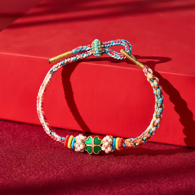 Hand-Woven Multicolor Peach Blossom Heart-Shaped Green Four Leaf Clover Luck Rope Bracelet