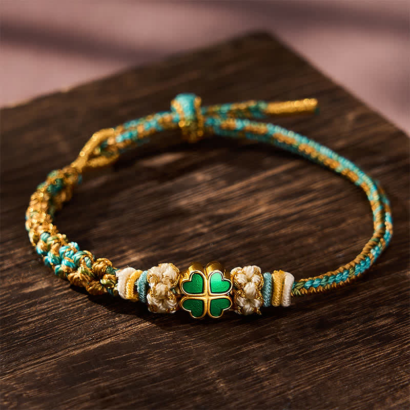 Hand-Woven Multicolor Peach Blossom Heart-Shaped Green Four Leaf Clover Luck Rope Bracelet