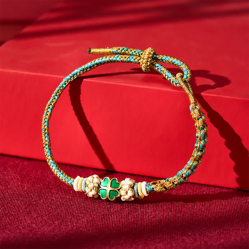 Hand-Woven Multicolor Peach Blossom Heart-Shaped Green Four Leaf Clover Luck Rope Bracelet