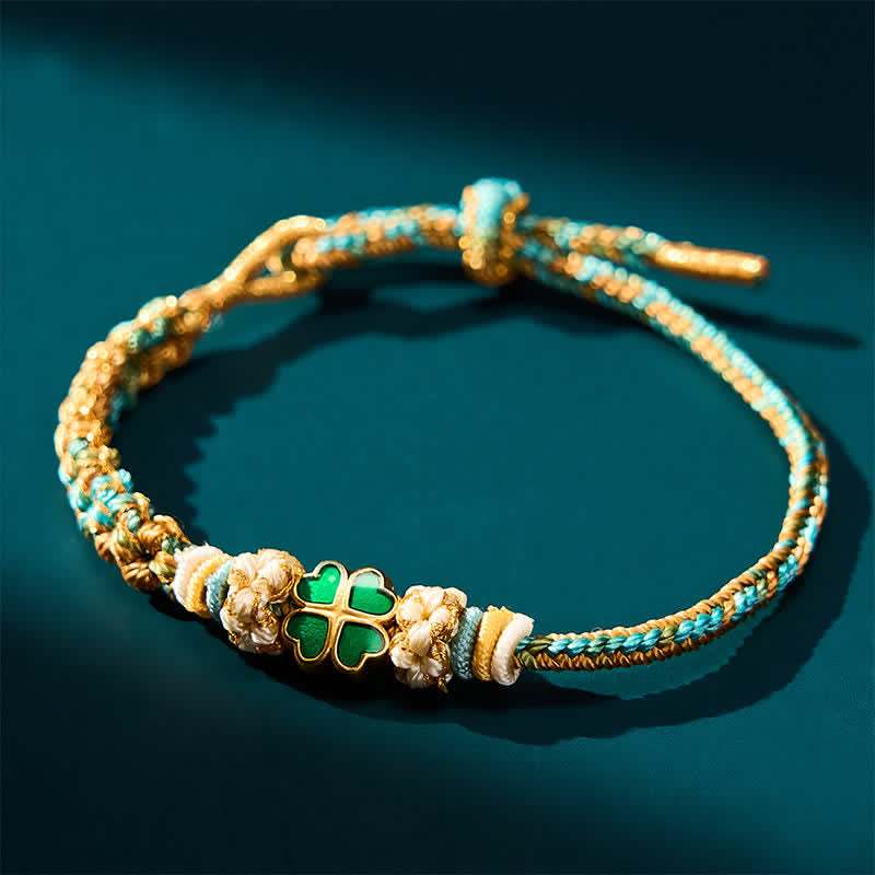 Hand-Woven Multicolor Peach Blossom Heart-Shaped Green Four Leaf Clover Luck Rope Bracelet