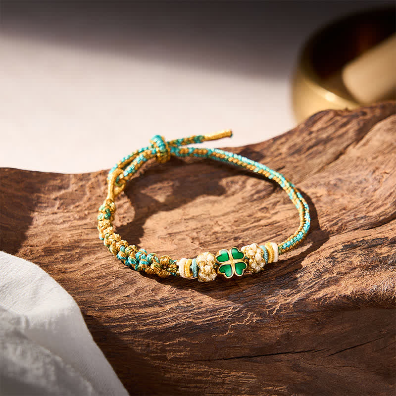 Hand-Woven Multicolor Peach Blossom Heart-Shaped Green Four Leaf Clover Luck Rope Bracelet