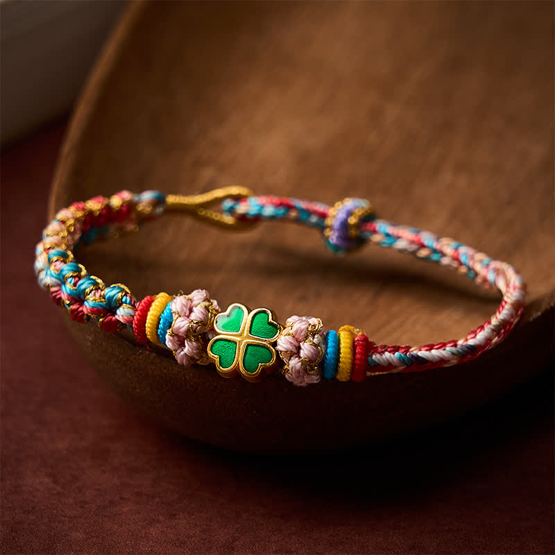 Hand-Woven Multicolor Peach Blossom Heart-Shaped Green Four Leaf Clover Luck Rope Bracelet