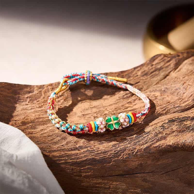 Hand-Woven Multicolor Peach Blossom Heart-Shaped Green Four Leaf Clover Luck Rope Bracelet