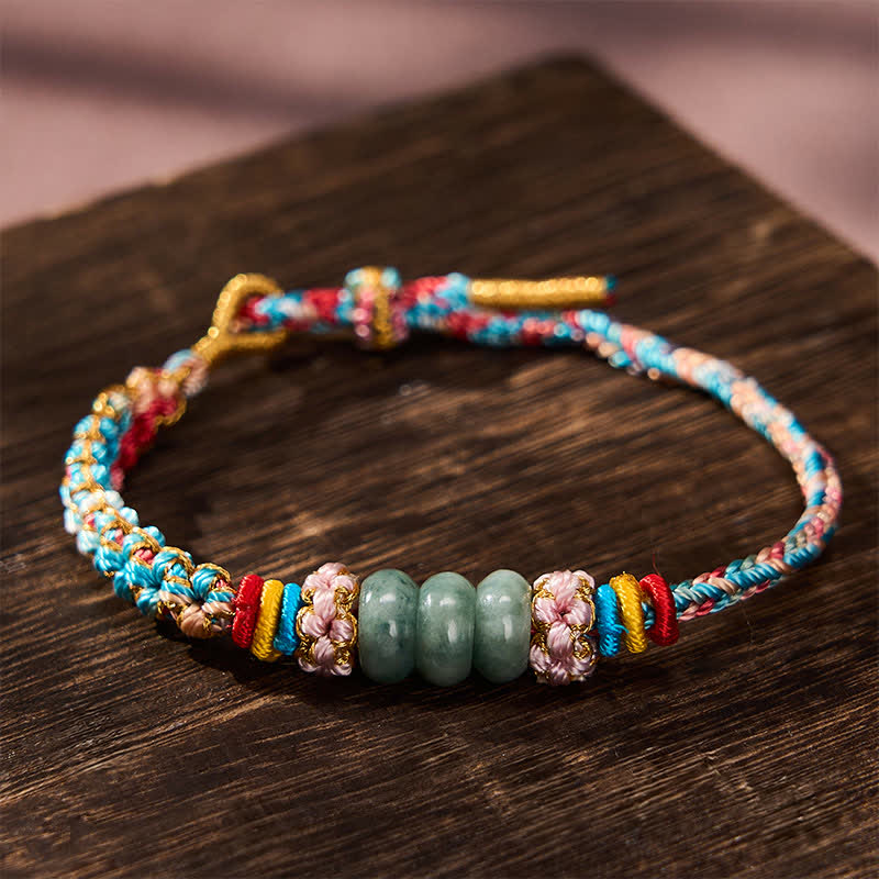 Hand-Woven Multicolor Peach Blossom Jade Luck Rope Bracelet
