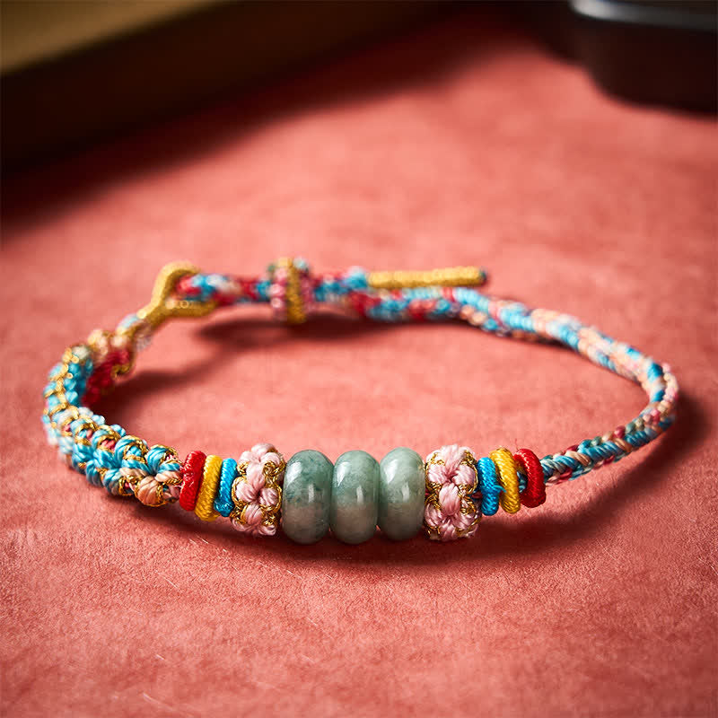 Hand-Woven Multicolor Peach Blossom Jade Luck Rope Bracelet