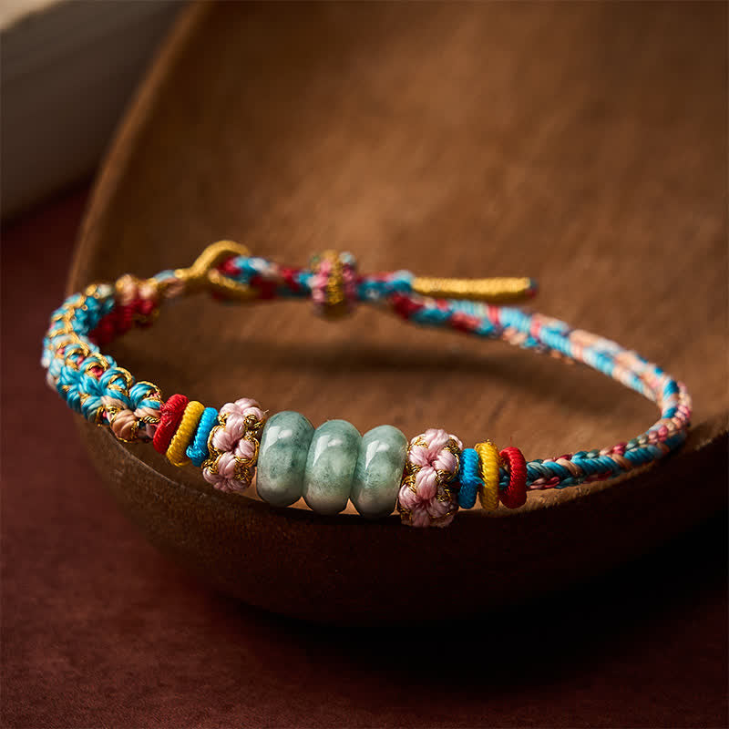 Hand-Woven Multicolor Peach Blossom Jade Luck Rope Bracelet