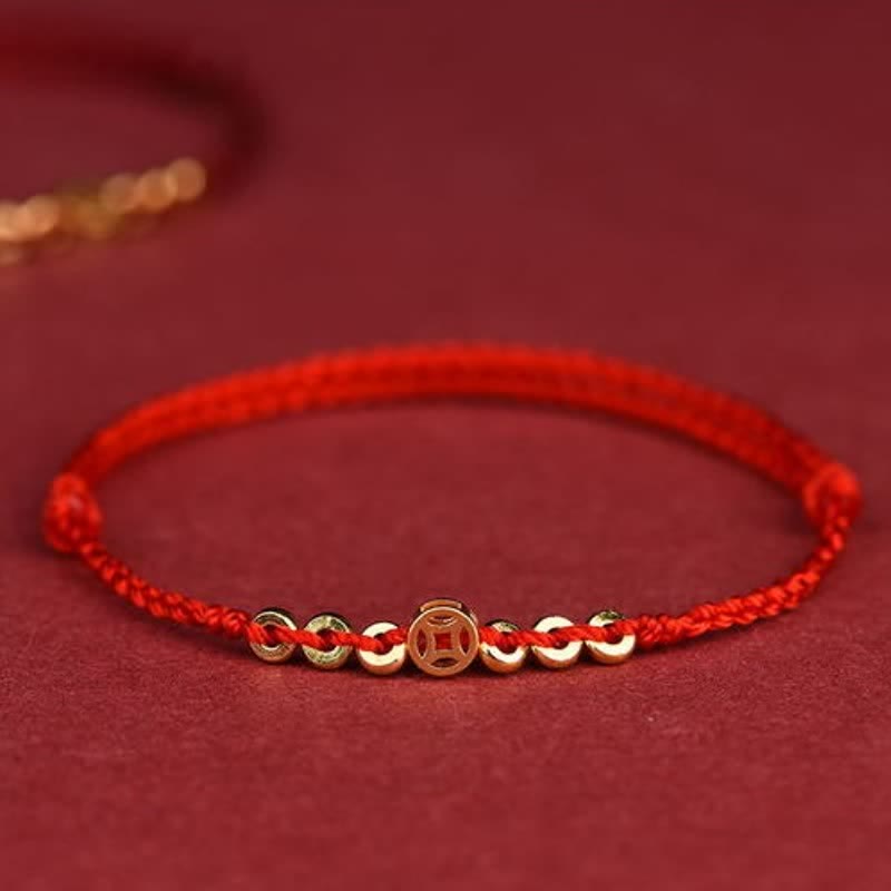 Braided Red String Round Chinese Coin Good Fortune Bracelet