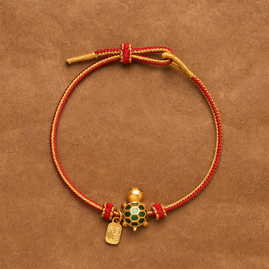 Red String Copper Fu Character Turtle Braided Luck Bracelet