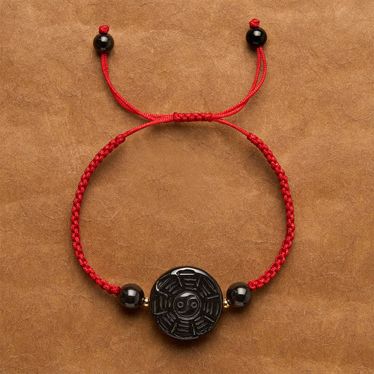 Red String Black Obsidian Round Bagua Blessing Bracelet