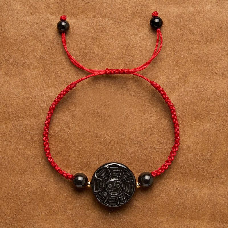 Red String Black Obsidian Round Bagua Blessing Bracelet
