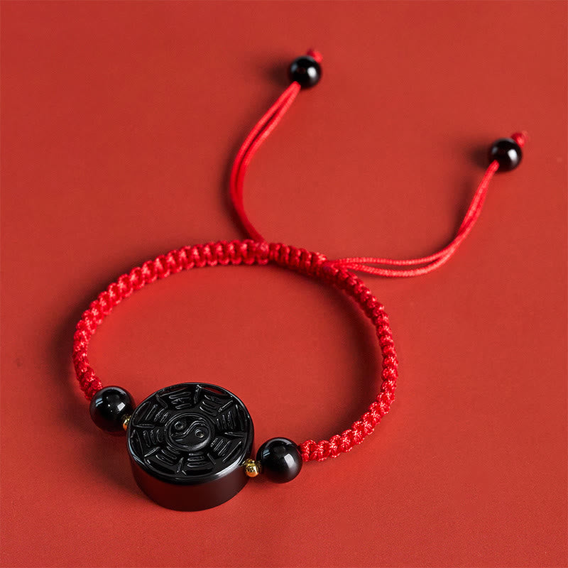 Red String Black Obsidian Round Bagua Blessing Bracelet