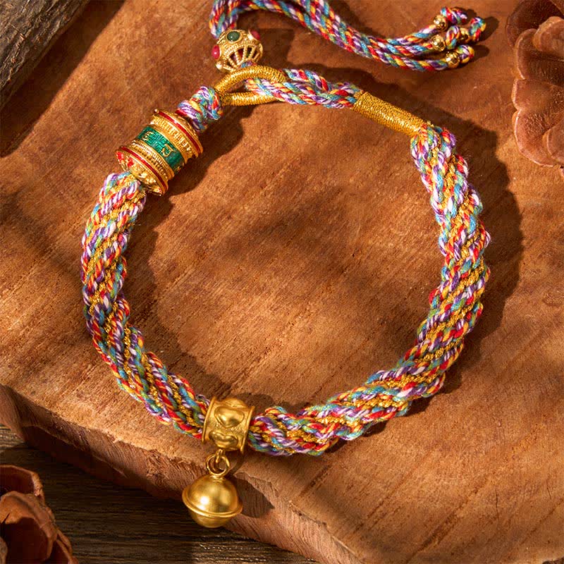 Tibetan Om Mani Padme Hum Strength Bell Charm Multicolor Braided Rope Bracelet