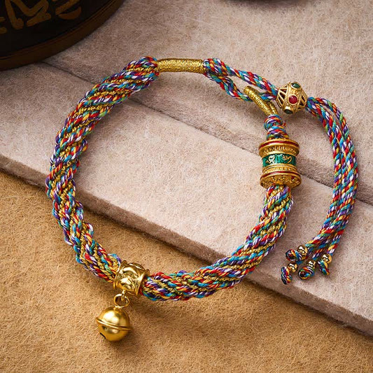 Tibetan Om Mani Padme Hum Strength Bell Charm Multicolor Braided Rope Bracelet