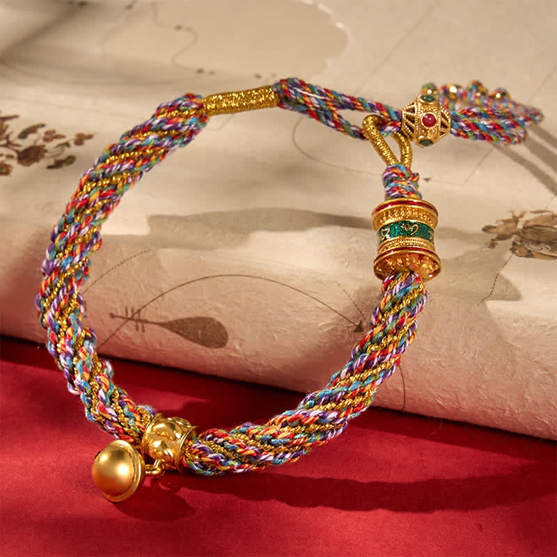 Tibetan Om Mani Padme Hum Strength Bell Charm Multicolor Braided Rope Bracelet