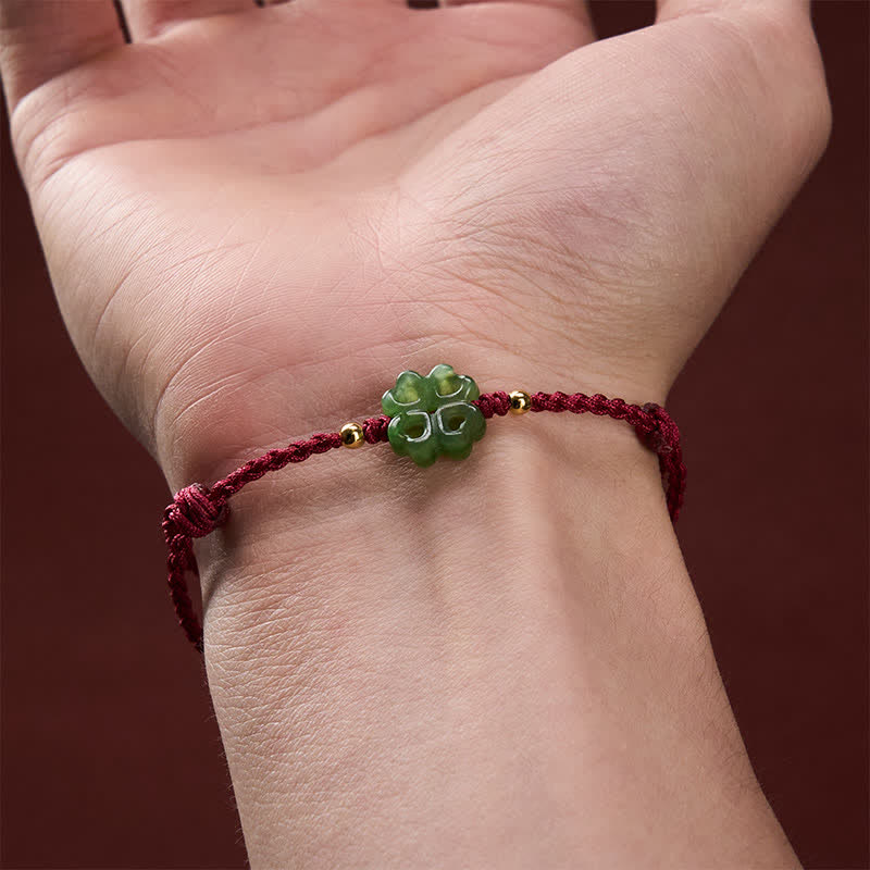 Natural Hetian Cyan Jade Four-leaf Clover Luck Red Rope Bracelet