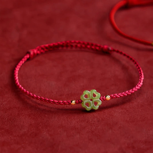 Natural Hetian Cyan Jade Four-leaf Clover Luck Red Rope Bracelet