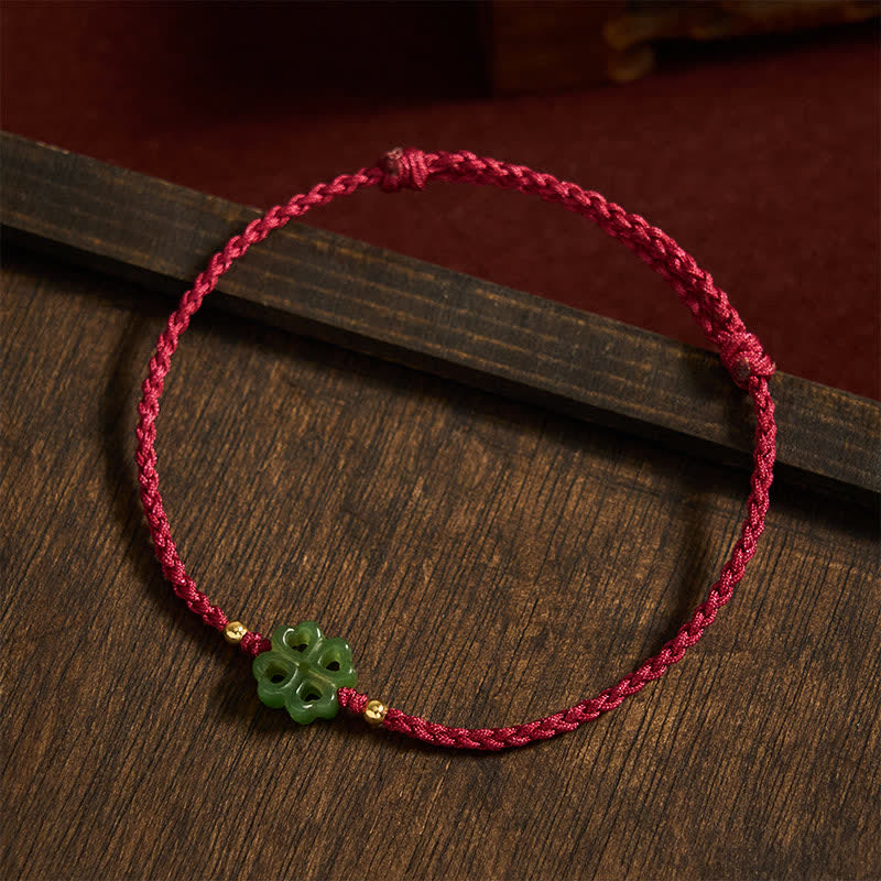 Natural Hetian Cyan Jade Four-leaf Clover Luck Red Rope Bracelet
