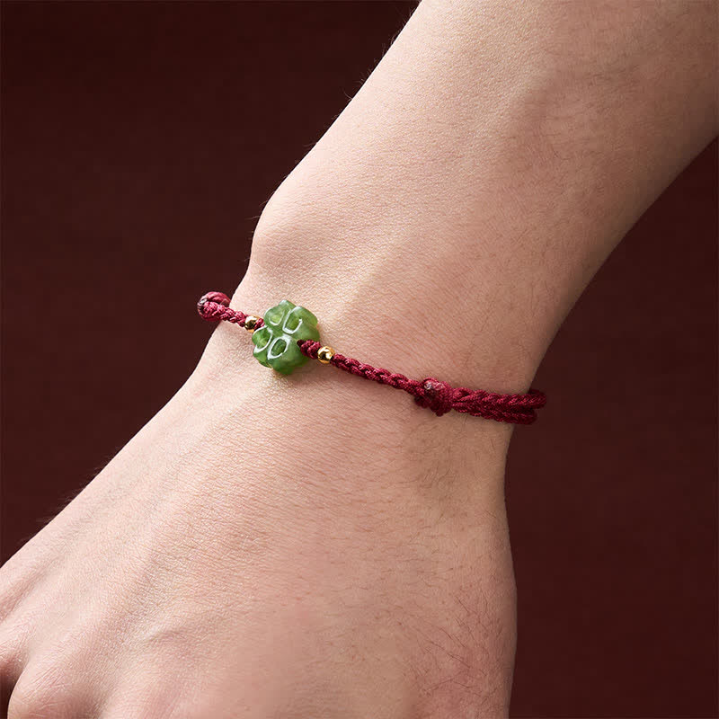 Natural Hetian Cyan Jade Four-leaf Clover Luck Red Rope Bracelet