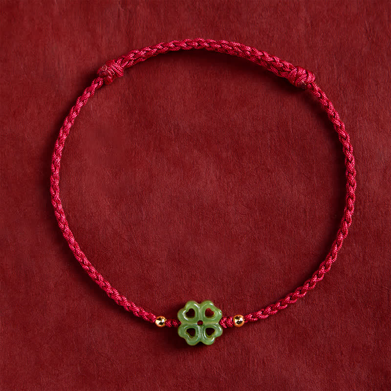 Natural Hetian Cyan Jade Four-leaf Clover Luck Red Rope Bracelet