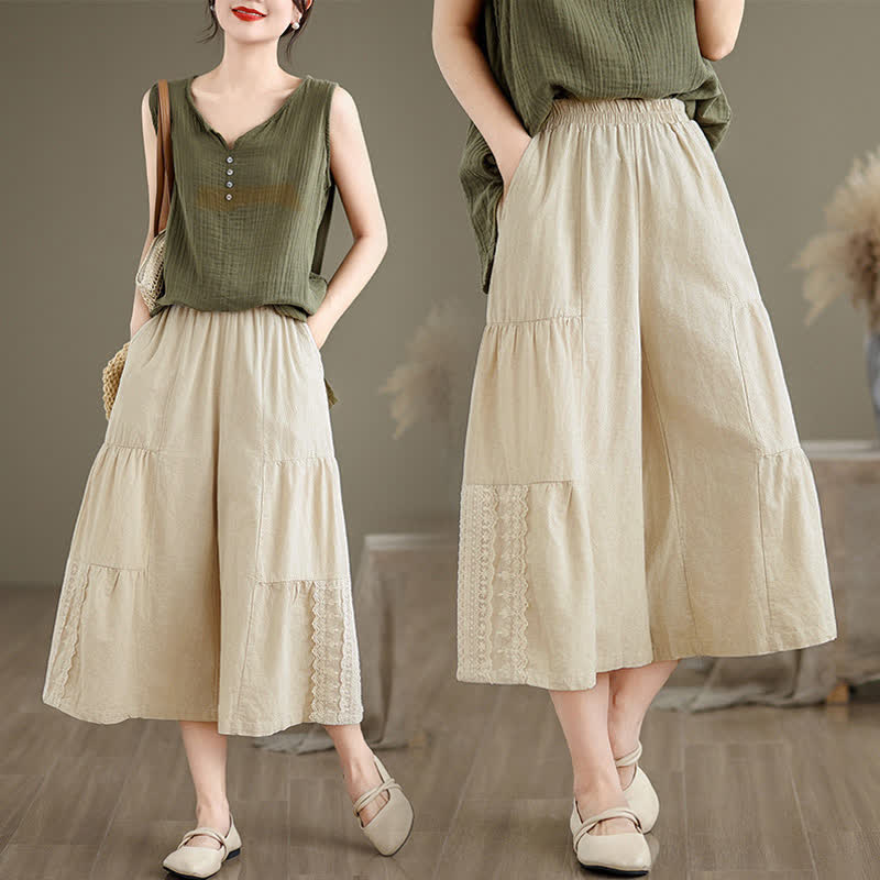 Casual Plain Lace Splicing Cotton Women's Cropped Wide Leg Pants With Pockets
