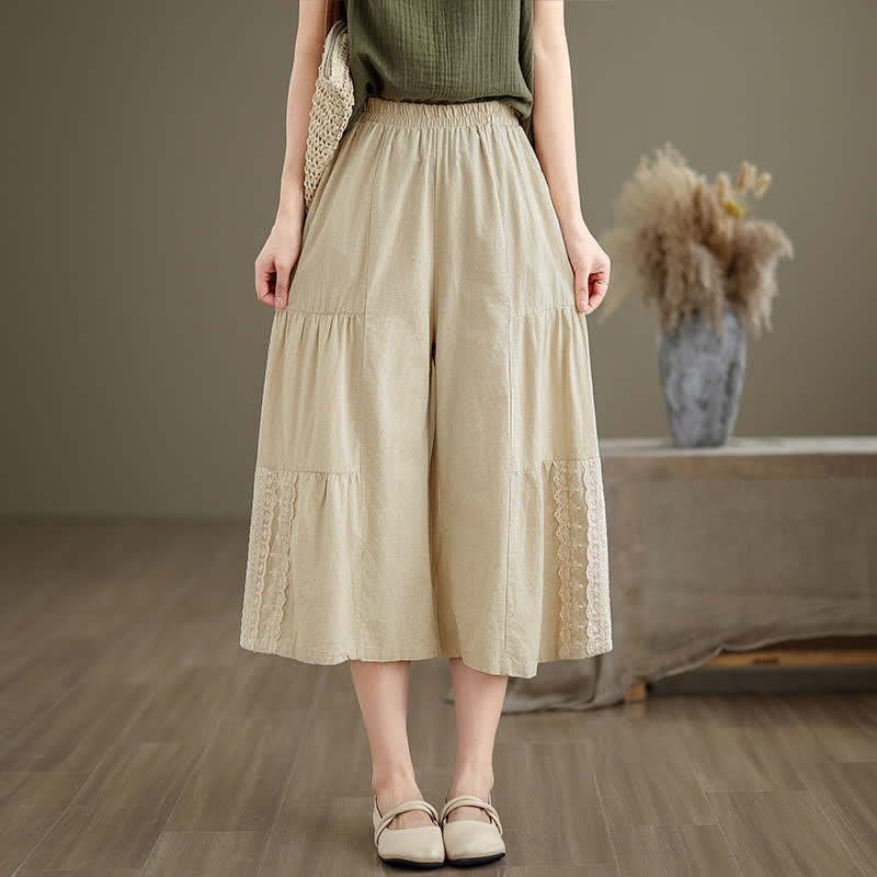 Casual Plain Lace Splicing Cotton Women's Cropped Wide Leg Pants With Pockets