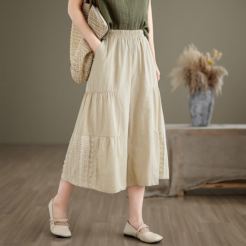 Casual Plain Lace Splicing Cotton Women's Cropped Wide Leg Pants With Pockets