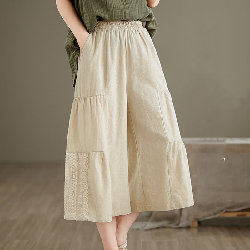 Casual Plain Lace Splicing Cotton Women's Cropped Wide Leg Pants With Pockets