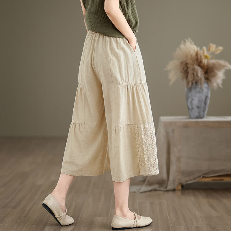 Casual Plain Lace Splicing Cotton Women's Cropped Wide Leg Pants With Pockets