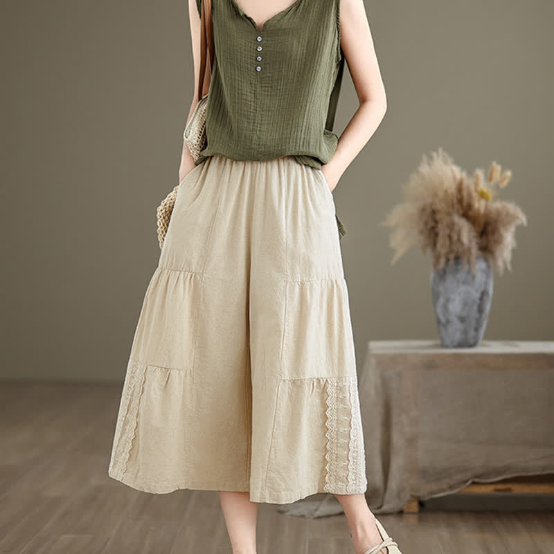 Casual Plain Lace Splicing Cotton Women's Cropped Wide Leg Pants With Pockets
