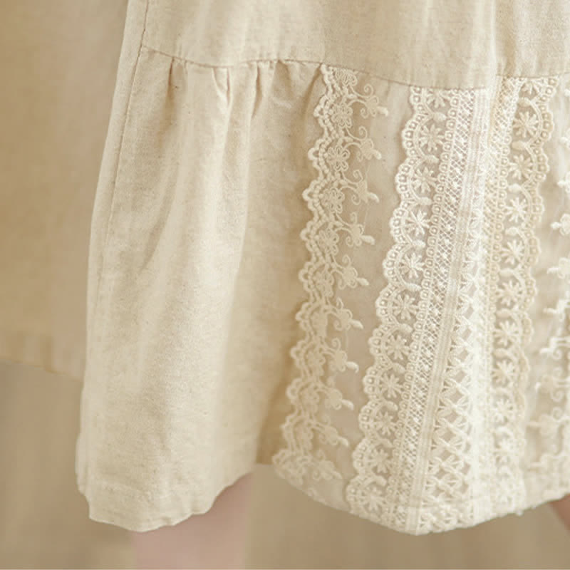 Casual Plain Lace Splicing Cotton Women's Cropped Wide Leg Pants With Pockets