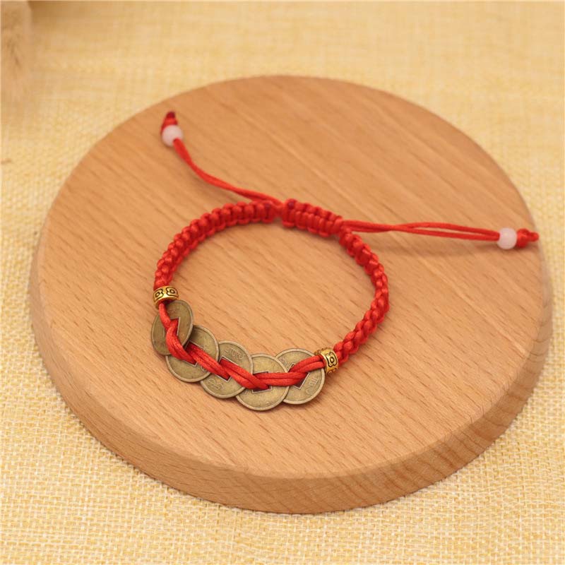 Copper Coin Fortune Red String Weave Bracelet