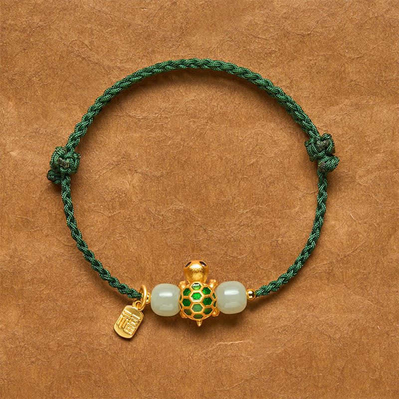 Copper Turtle Hetian Jade Fu Character Luck Red String Bracelet