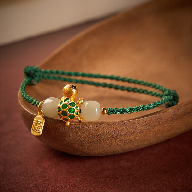 Copper Turtle Hetian Jade Fu Character Luck Red String Bracelet