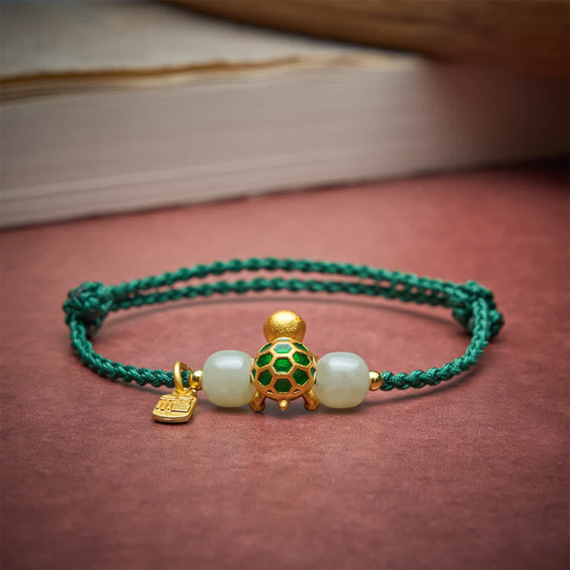 Copper Turtle Hetian Jade Fu Character Luck Red String Bracelet