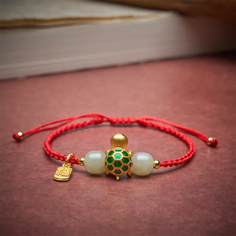 Copper Turtle Fu Character Hetian Jade Red String Prosperity Bracelet