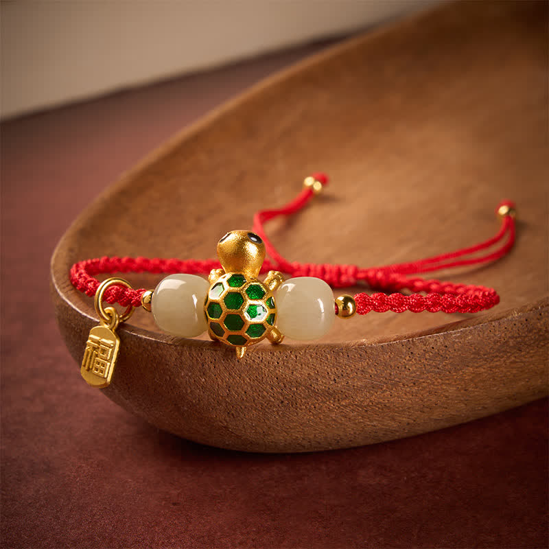 Copper Turtle Fu Character Hetian Jade Red String Prosperity Bracelet