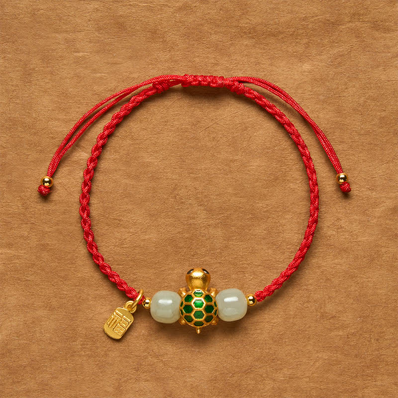 Copper Turtle Fu Character Hetian Jade Red String Prosperity Bracelet