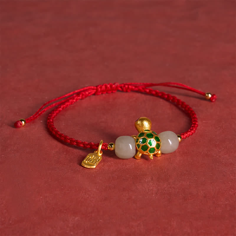 Copper Turtle Fu Character Hetian Jade Red String Prosperity Bracelet